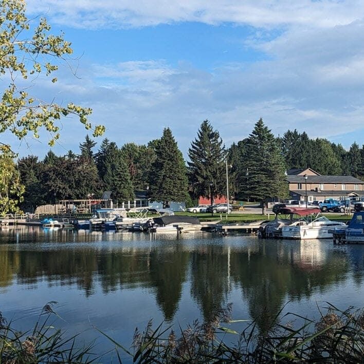 a lake with boats docked and trees in the background. The water is calm and reflective.